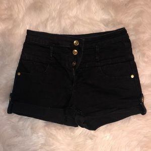 High-Waisted Denim Shorts - Black